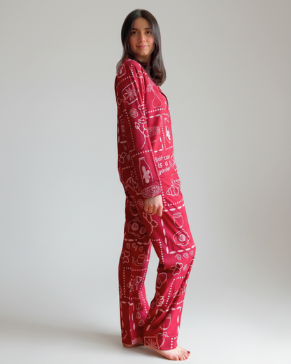 Nueva colección: Pijama para mujer New Garden. Pijama vinotinto con blusa manga larga y pantalón. Seda fría
